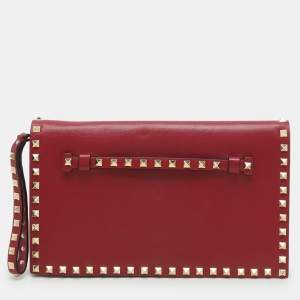 Valentino Burgundy Leather Rockstud Flap Wristlet Clutch