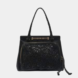 Valentino Black Leather and Beaded Lace Demetra Tote