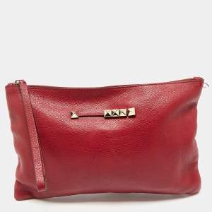 Valentino Red Leather Zip Wristlet Clutch