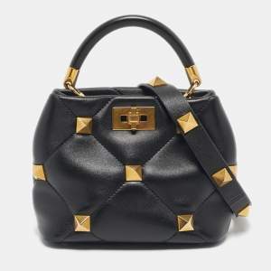 Pre Owned Valentino Black Quilted Leather Small Roman Stud Top Handle Bag