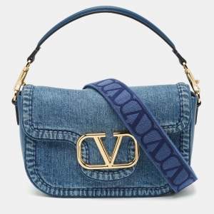 Pre Owned Valentino Blue Denim and Leather VLogo Shoulder Bag