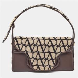 Valentino Dark Brown/Beige Leather and Canvas Le Grand Deuxième Logo Plaque Shoulder Bag