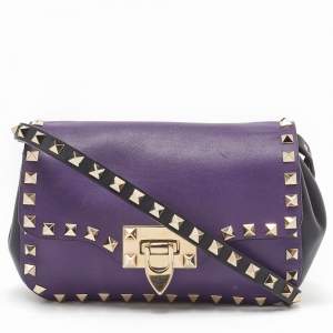 Pre Owned Valentino Dark Purple/Black Leather Rockstud Flap Shoulder Bag