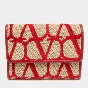 Valentino Red/Beige Iconographe Canvas and Leather Card Holder