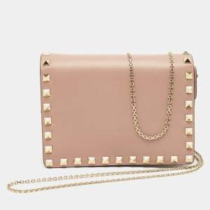 Pre Owned Valentino Beige Leather Rockstud Flap Wallet On Chain