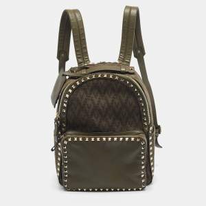 Pre Owned Valentino Military Green Logo Jacquard Canvas and Leather Viva Backpack