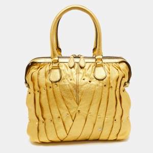 Pre Owned Valentino Metallic Gold Leather Maison Pintucked Rockstud Shopper Tote