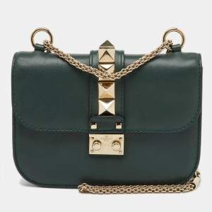 Valentino Dark Green Leather Rockstud Small Glam Lock Shoulder Bag