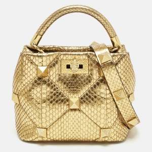 Pre Owned Valentino Gold Python Small Roman Stud Top Handle Bag