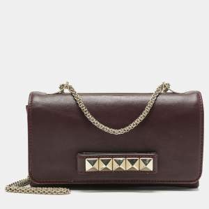 Pre Owned Valentino Burgundy Leather Va Va Voom Chain Clutch