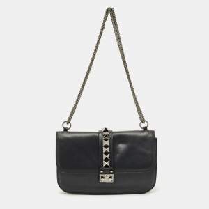 Pre Owned Valentino Black Leather Large Noir Edition Glam Lock Flap Bag