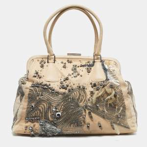 Pre Owned Valentino Two Tone Beige Leather Embellished Alice Glam Frame Satchel