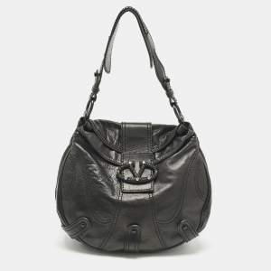 Pre Owned Valentino Black Leather Catch Crystals Hobo