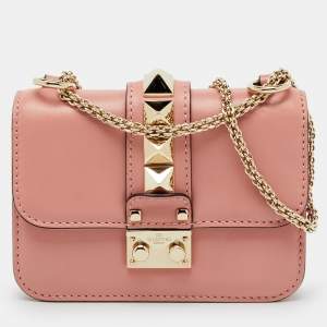 Pre Owned Valentino Peach Pink Leather Mini Rockstud Glam Lock Shoulder Bag