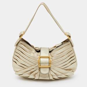 مملوكة مسبقًا Valentino Garavani Metallic Gold Leather Pleated Shoulder Bag