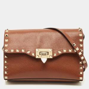 Pre Owned Valentino Brown Leather Rockstud Flap Crossbody Bag