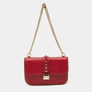 Pre Owned Valentino Red Leather Large Glam Lock Flap Bag