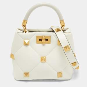 Pre Owned Valentino Cream Quilted Leather Small Roman Stud Top Handle Bag