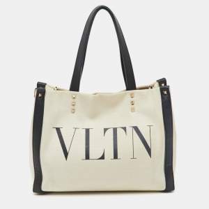 Pre Owned Valentino Off White/Black Canvas and Leather VLTN Logo Small Rockstud Tote