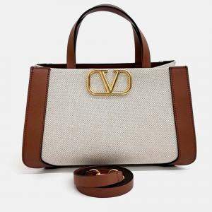 Pre Owned Valentino Beige Brown PVC V-logo tote and shoulder bag