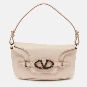 Pre Owned Valentino Light Pink Leather VLogo Flap Shoulder Bag