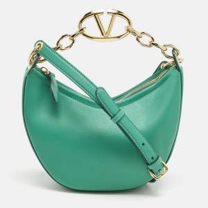 Pre Owned Valentino Green Leather Mini VLogo Moon Hobo
