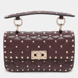 Pre Owned Valentino Burgundy Quilted Leather Small Rockstud Spike Chain Shoulder Bag