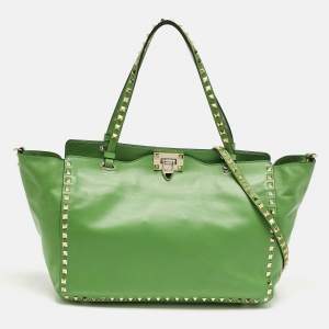 Pre Owned Valentino Green Leather Medium Rockstud Trapeze Tote