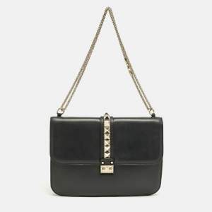Pre Owned Valentino Black Leather Large Glam Lock Shoulder Bag