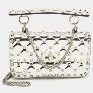 Pre Owned Valentino Silver Quilted Patent Leather Small Rockstud Spike Top Handle Bag
