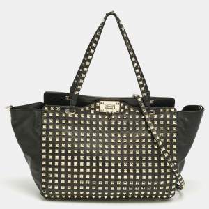 Pre Owned Valentino Black Leather Medium Rockstud Studded Trapeze Tote