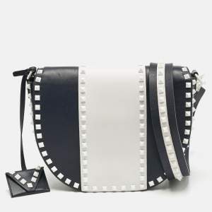 مملوكة مسبقًا Valentino Navy Blue/White Leather Colorblock Halfmoon Saddle Crossbody Bag