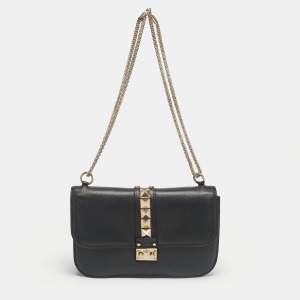 Pre Owned Valentino Black Leather Medium Glam Lock Shoulder Bag