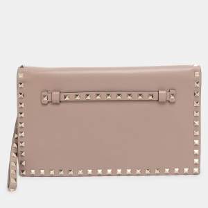 Pre Owned Valentino Beige Leather Rockstud Wristlet Clutch 