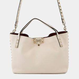Pre Owned Valentino Garavani Rock Studded Handbag Ivory/Red Leather