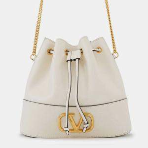 Pre Owned Valentino Garavani V Logo Bucket Bag Shoulder Bag Ivory Leather