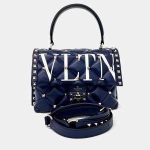 Pre Owned Valentino Navy Blue Leather Rockstud Tote and Shoulder Bag