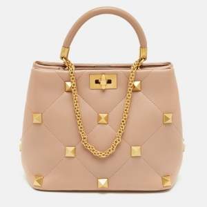 Pre Owned Valentino Dusty Pink Quilted Leather Medium Roman Stud Top Handle Bag