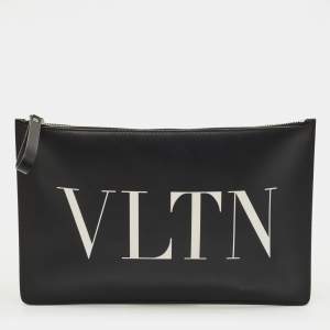 Pre Owned Valentino Black Leather Large VLTN Flat Zip Pouch