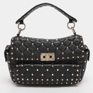 Pre Owned Valentino Black Quilted Leather Medium Rockstud Spike Top Handle Bag