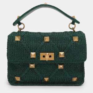 Pre Owned Valentino Green Knit Fabric Roman Stud Shoulder Bag