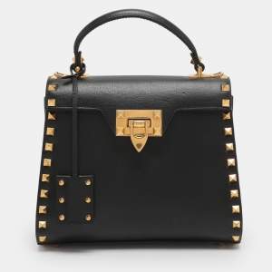 Pre Owned Valentino Black Leather Rockstud Top Handle Bag