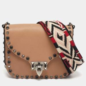 Pre Owned Valentino Nude Leather Rolling Rockstud Flap Shoulder Bag