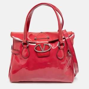 Pre Owned Valentino Fuchsia Patent Leather Crystal VLogo Satchel