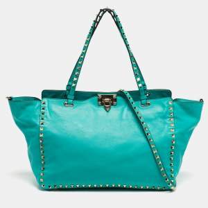 Pre Owned Valentino Green Leather Medium Rockstud Trapeze Tote