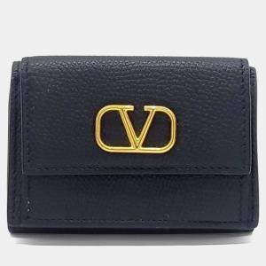 Pre Owned Valentino Black Leather V-logo half wallet