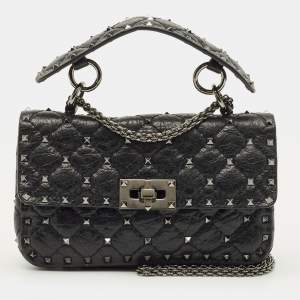 Pre Owned Valentino Rockstud Spike Small Black Quilted Leather Top Handle Bag