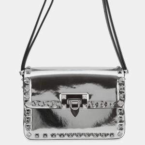 Pre Owned Valentino Garavani Rockstudded Shoulder Bag Silver Patent Leather