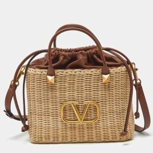 مملوكة مسبقًا Valentino Wicker Drawstring Brown/Beige Rattan and Leather Tote