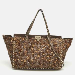 Pre Owned Valentino Rockstud Trapeze Brown Feather Print Calf Hair and Leather Tote